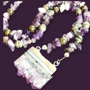 Hand Crafted Raw Amethyst and Tibetan Agate Pendant Necklace